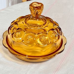 Vintage L.E. Smith Art Glass Round Butter Dish # 4209 Moon and Stars in Amber